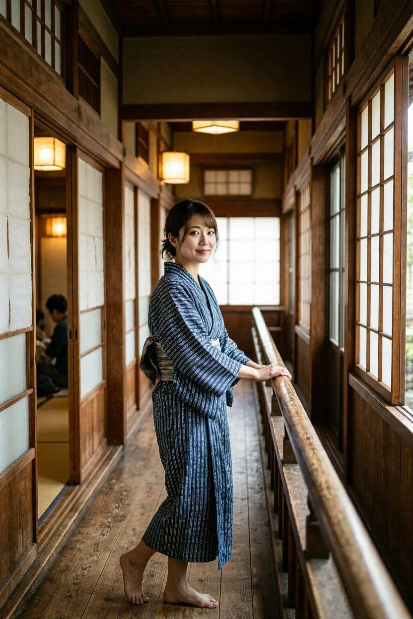 Founder walking through ryokan corridor in yukata