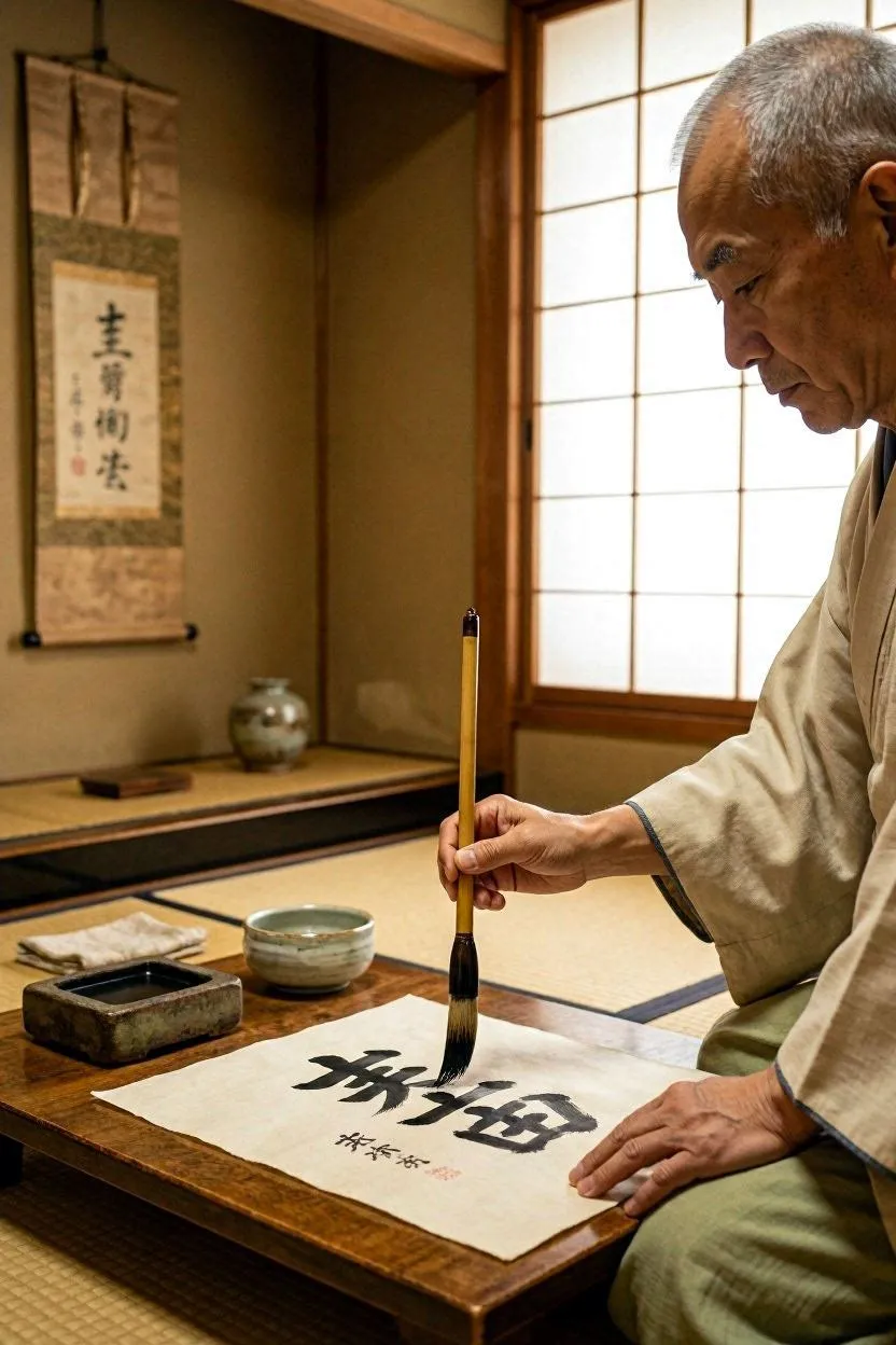 Calligraphy master teaching student