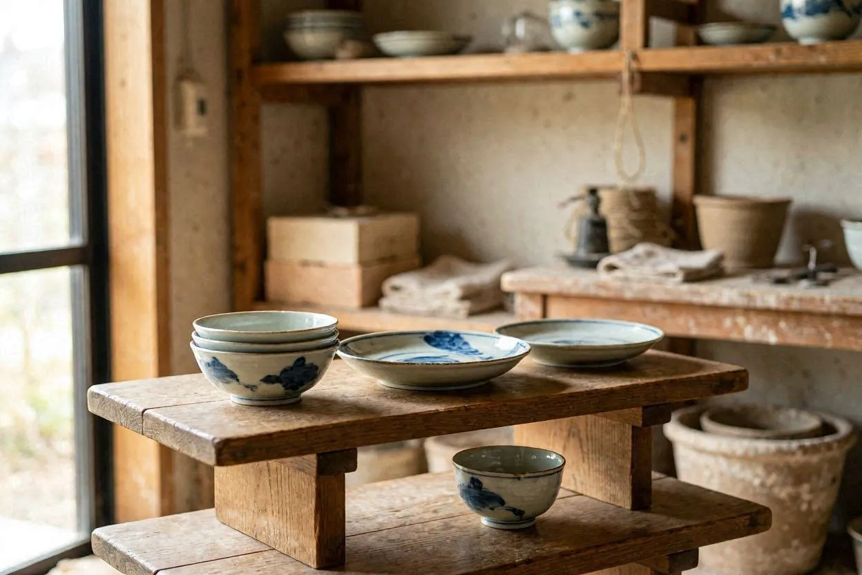 Finished Arita-yaki blue and white porcelain pieces