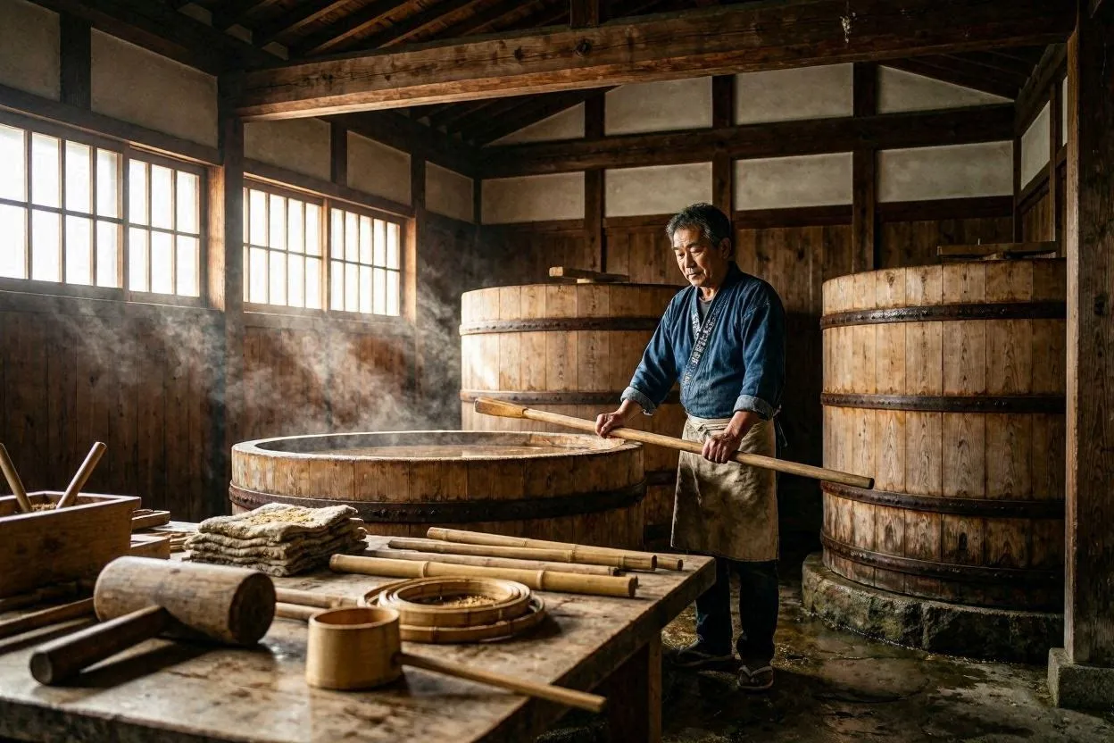 Sake brewery interior with traditional cedar tanks
