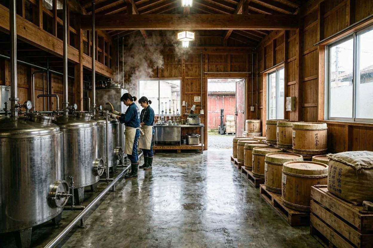 Traditional sake brewery with wooden tools and cedar barrels