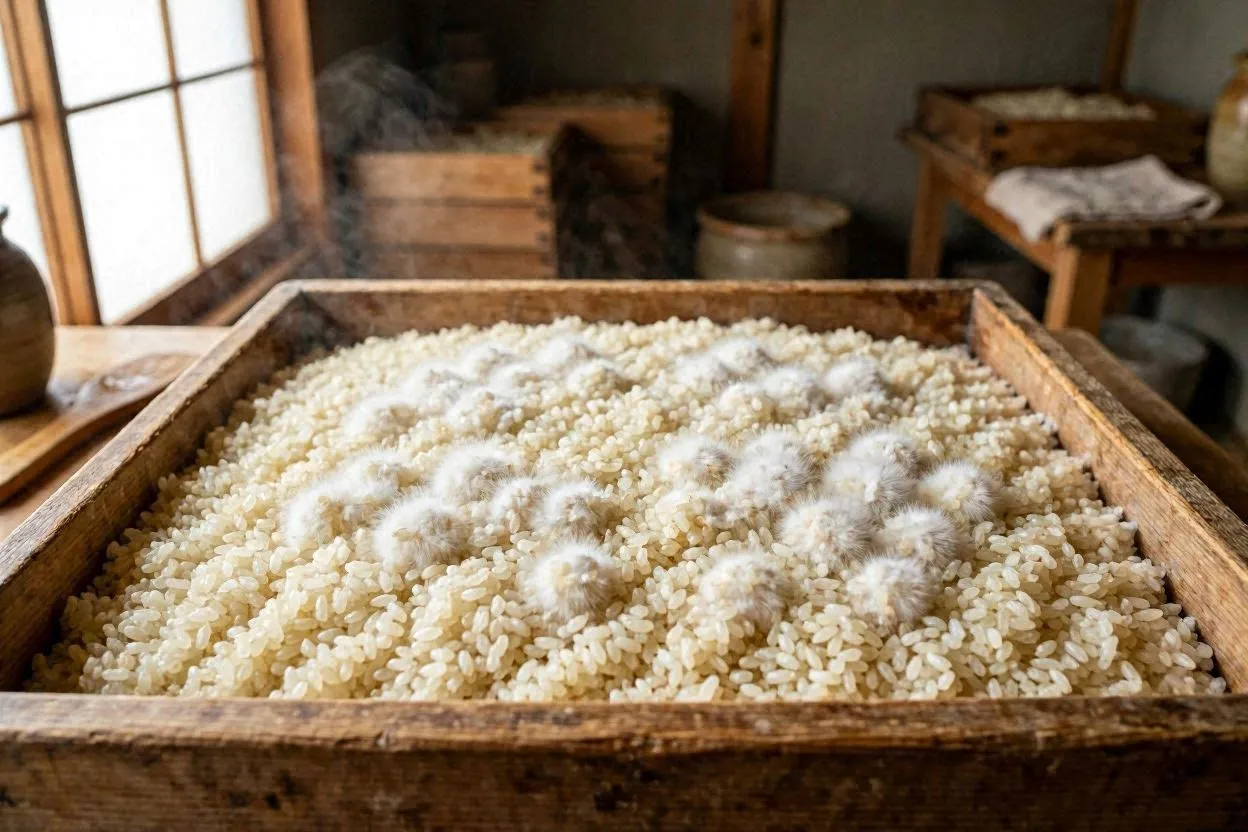 Rice koji mold cultivation in wooden trays