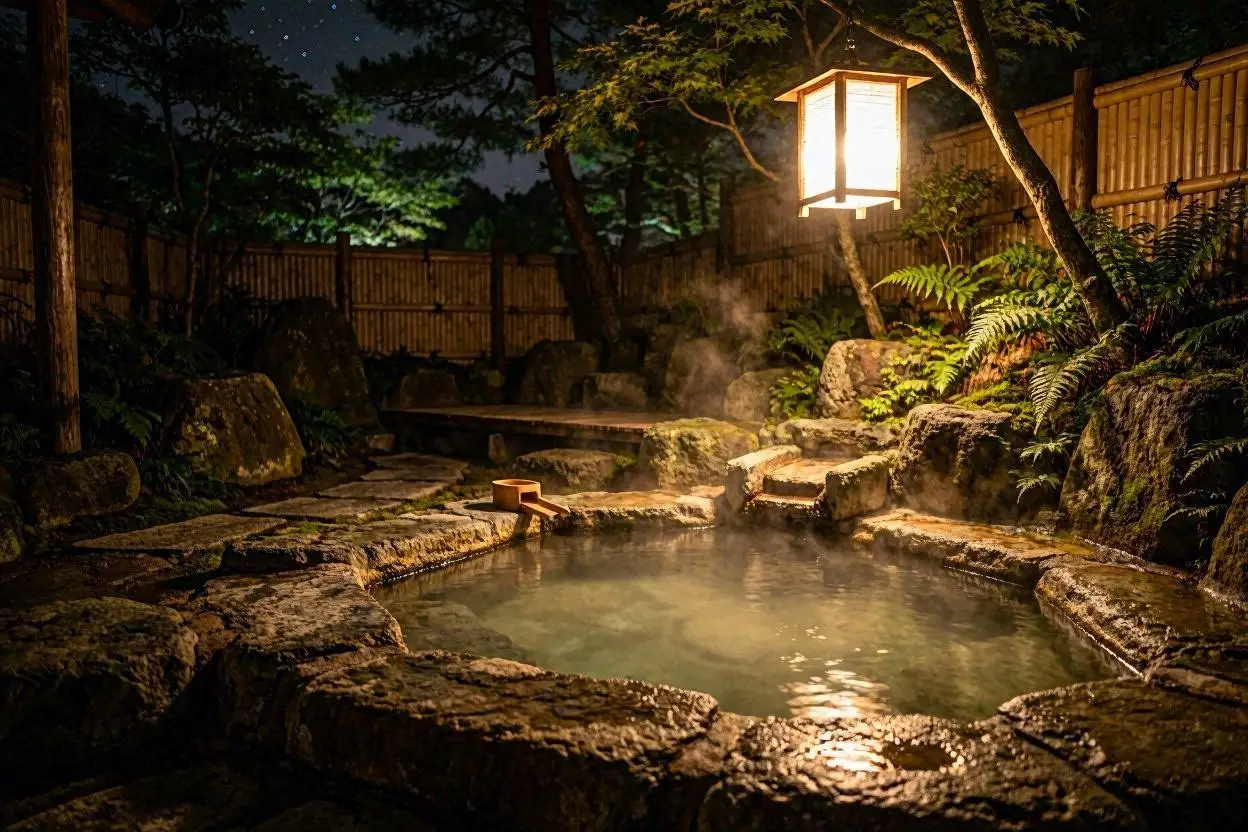 Evening outdoor onsen under the stars