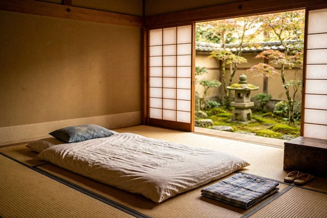Traditional tatami room with futon