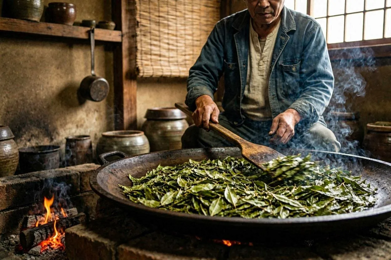 Kamairi-cha being pan-fired in a traditional iron pan