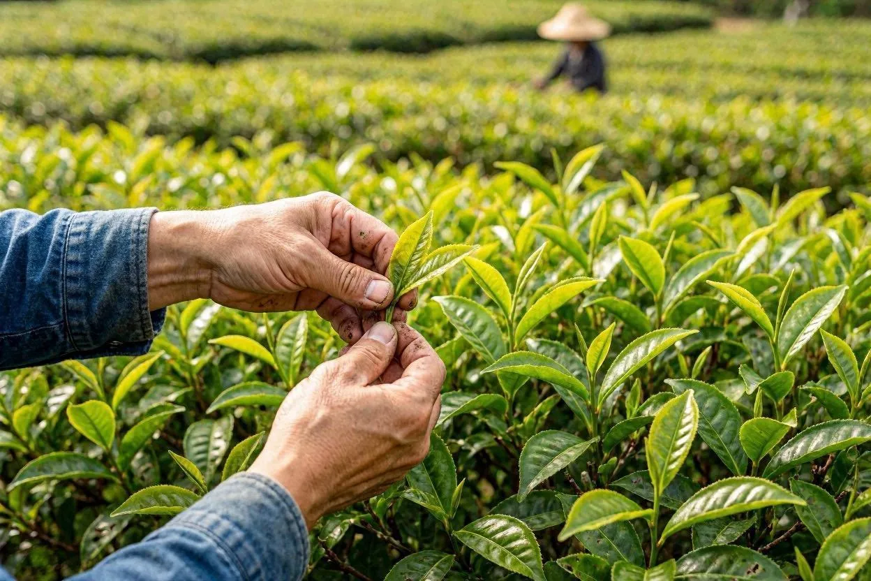 Hands picking green tea leaves