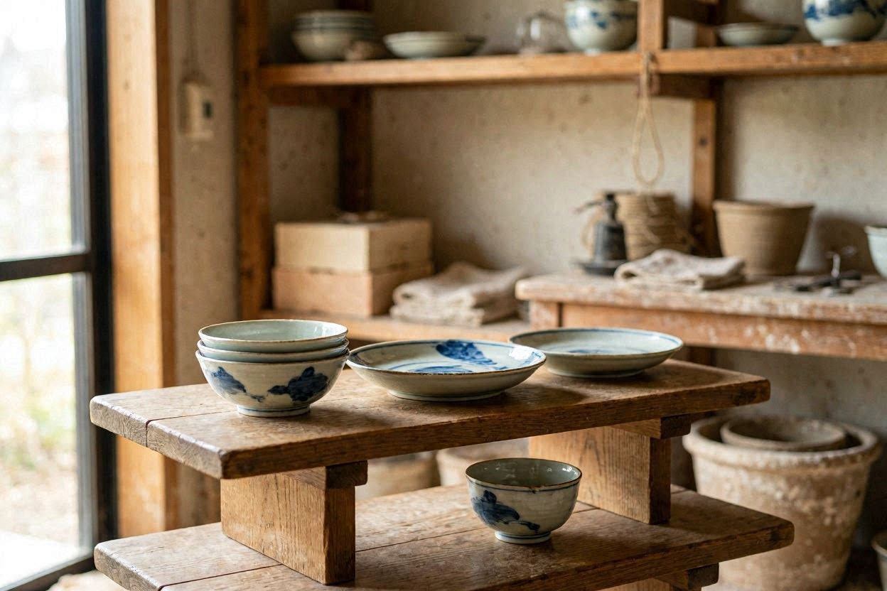 Finished Arita-yaki blue and white porcelain pieces
