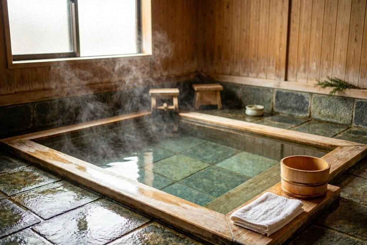 Steam rising from a traditional onsen bath surrounded by natural stone