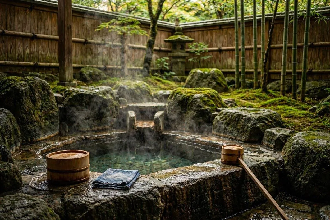 Traditional outdoor rotenburo hot spring bath with steam rising from natural rock