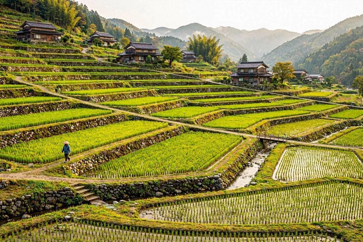 Aerial view of terraced rice paddies in rural Japan during early summer