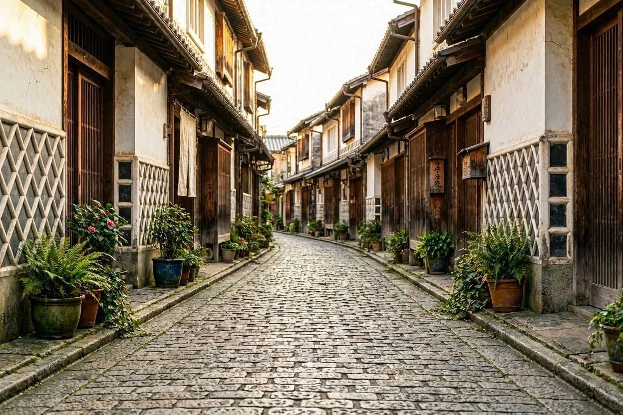 Historic namako-kabe walled street in Shimoda with traditional storefronts