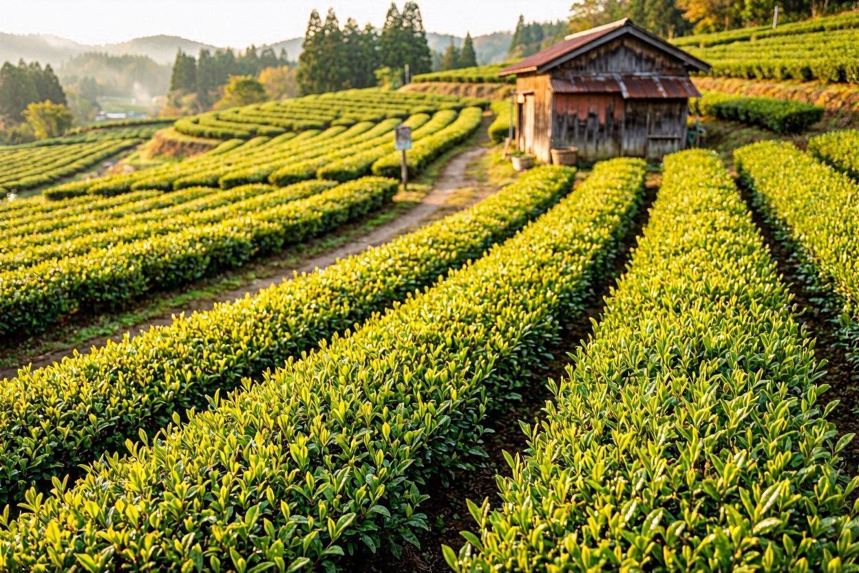 Hands carefully picking bright green tea leaves in Ureshino, Saga Prefecture