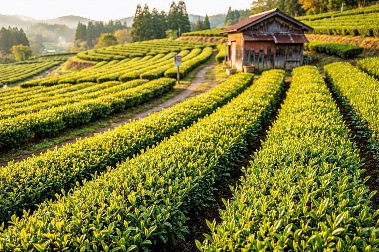 Hands carefully picking bright green tea leaves in Ureshino, Saga Prefecture