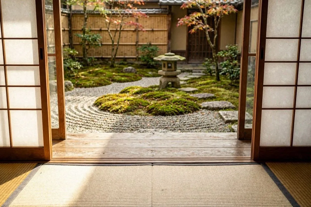 View through open shoji doors onto a serene Japanese garden with raked gravel