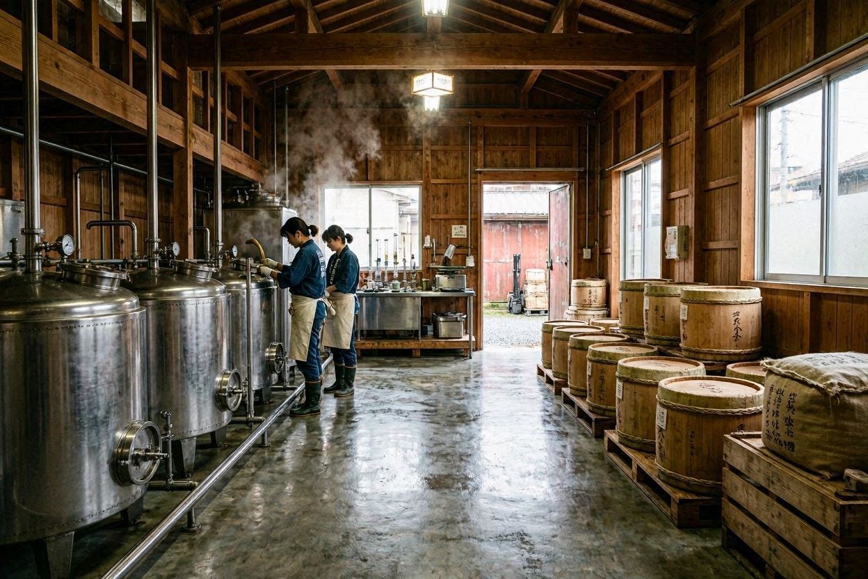Traditional sake brewery with wooden tools and cedar barrels