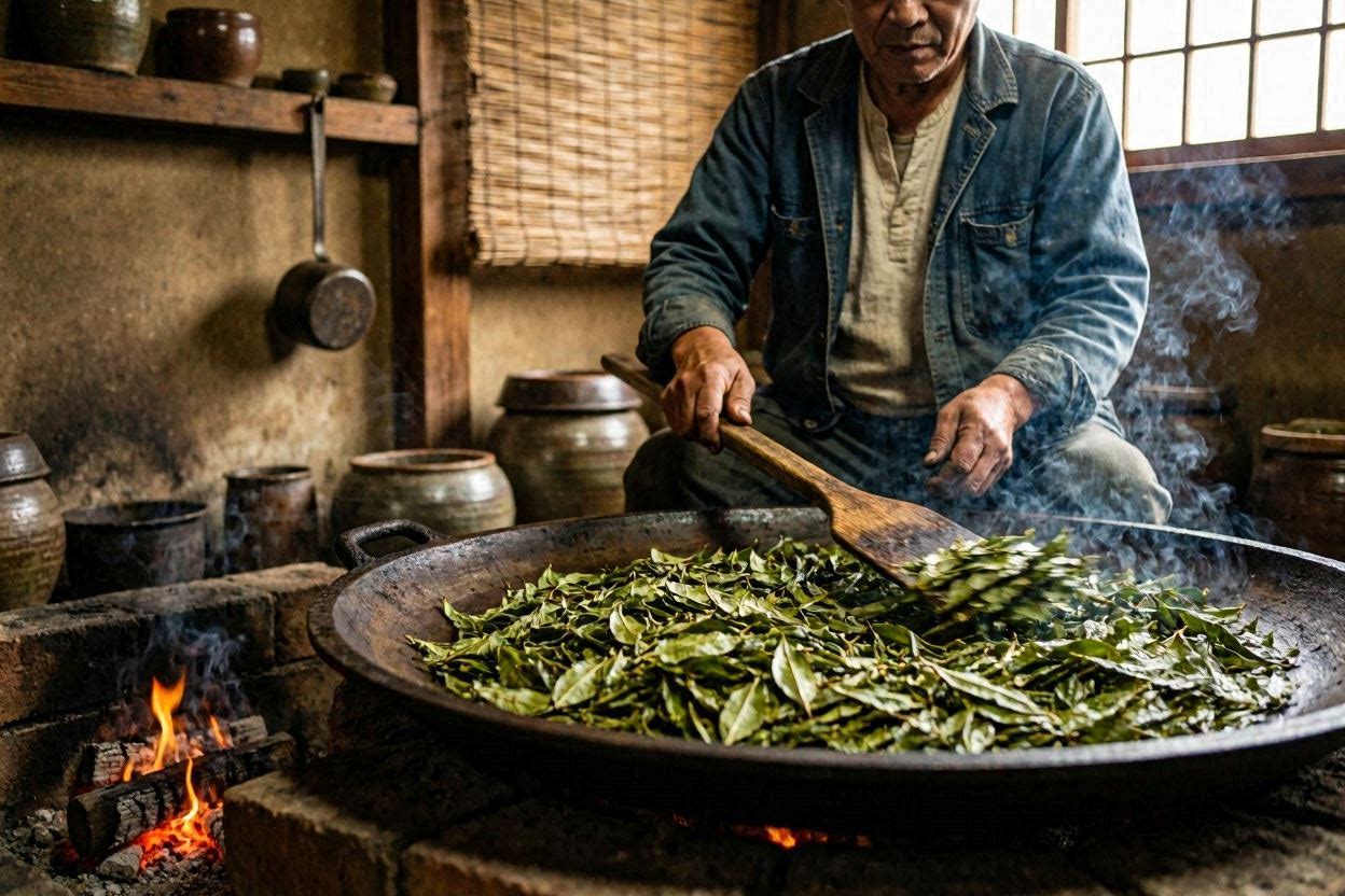Kamairi-cha being pan-fired in a traditional iron pan