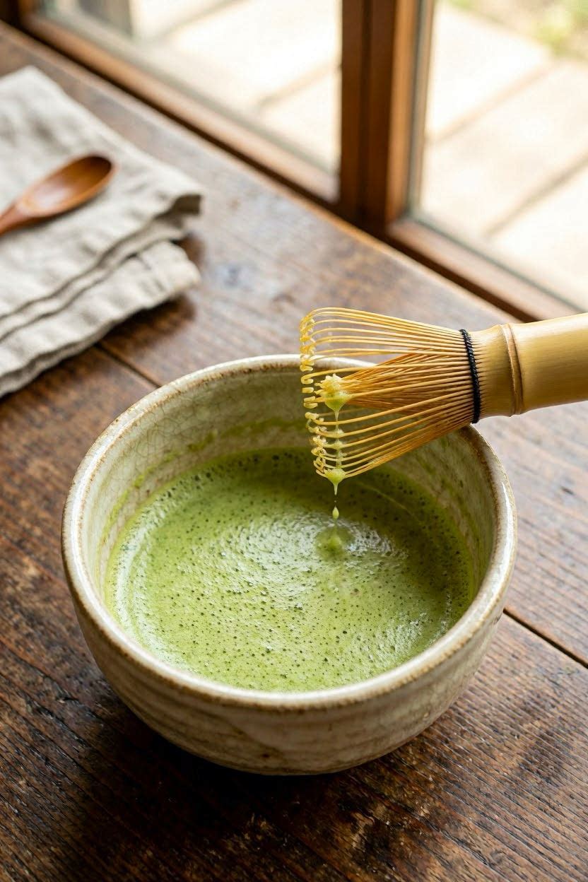 Matcha being whisked in a chawan